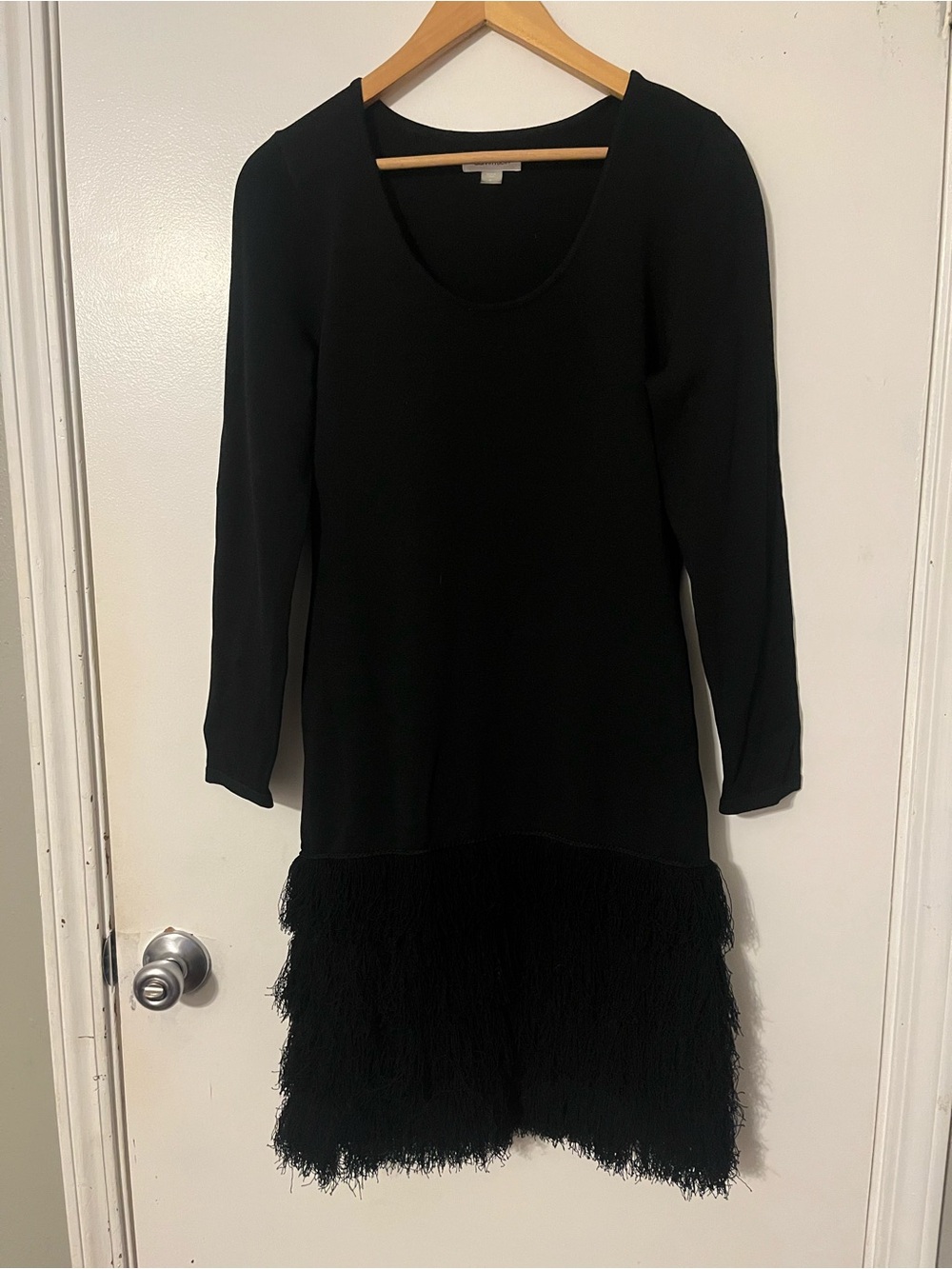 Calvin Klein Black Long-Sleeve Midi Dress with Fringe Hem